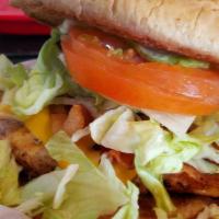 Chicken Club · American cheese, bacon, mayo, lettuce and tomato.