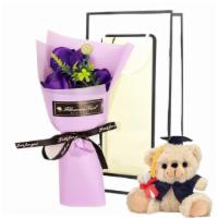 Small Purple Rose Soap · Soap Rose Bouquet with signature box and grad bear.