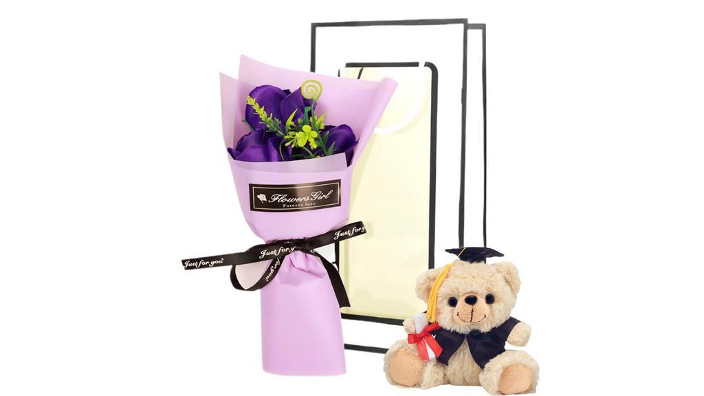 Small Purple Rose Soap · Soap Rose Bouquet with signature box and grad bear.