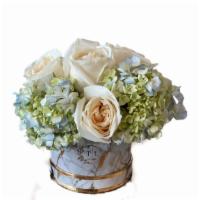 Spring In Paris · Beautiful Roses and Hydrangea in our signature white and gold marble box.