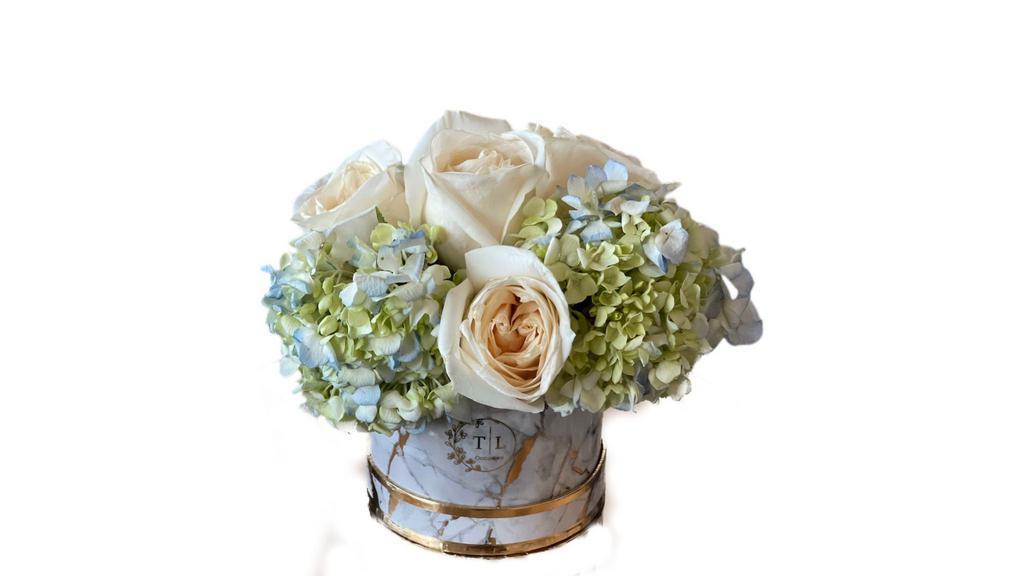 Spring In Paris · Beautiful Roses and Hydrangea in our signature white and gold marble box.
