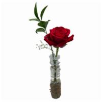 A Shot Of Love Red Rose · Single Red Rose in a glass cylinder vial accented with  burlap and lace.

*Vial is 5 inches ...