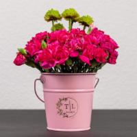 Spring Carnation Pail · A bundle of pink carnations and greenery in our signature pink pail.  Can be made in other c...