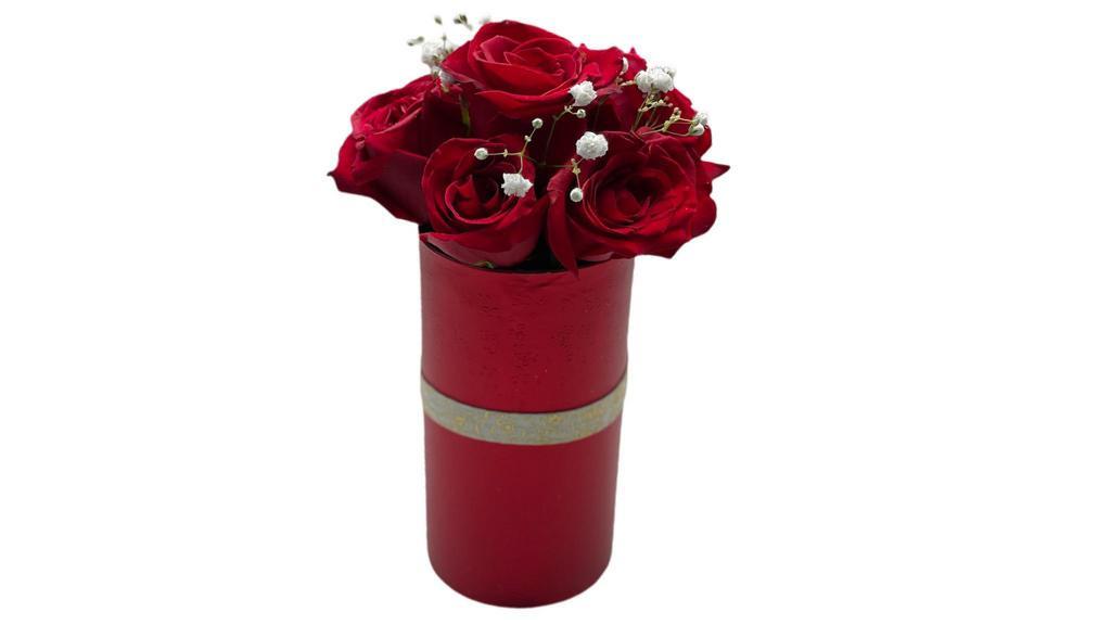 Love Funnel · 5  beautiful red roses in a cylinder shaped planter. Arrangment is composed of 5 beautiful roses and baby breath. 
*Cylinder is 10 inches in height and 3 inches in width,
Different color options available upon request depending on availability.