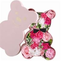 Eternal Floral Bear (Pink) · This item is made of  Pink Soap Roses composed in a beautiful pink bear box.
*Soap arrangmen...