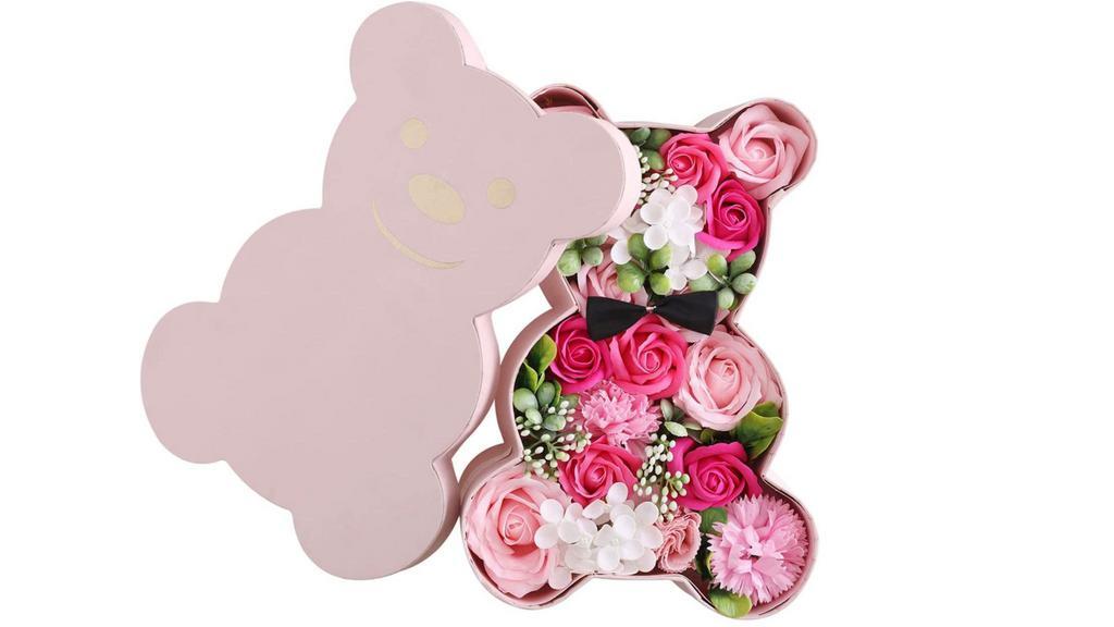 Eternal Floral Bear (Pink) · This item is made of  Pink Soap Roses composed in a beautiful pink bear box.
*Soap arrangment does include some artificial flowers.
*Allergy Friendly