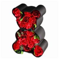 Eternal Floral Bear (Black And Red) · This item is made of Red Soap Roses composed in a beautiful black bear box.
*Soap arrangment...
