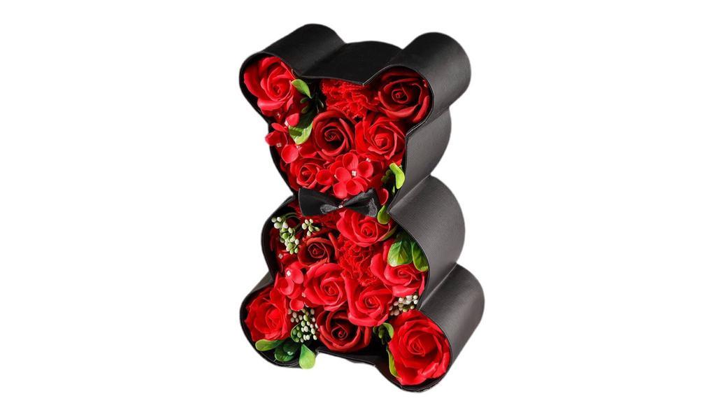 Eternal Floral Bear (Black And Red) · This item is made of Red Soap Roses composed in a beautiful black bear box.
*Soap arrangment does include some artificial flowers.
*Allergy Friendly