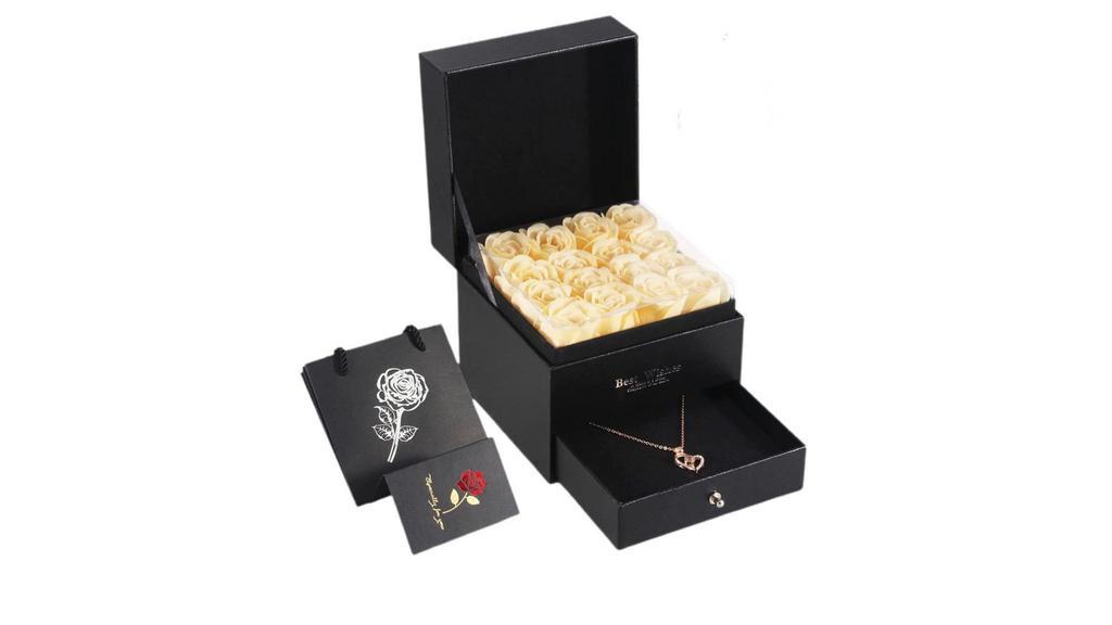 Timeless Gift Box (Champagne) · Perserved soap roses in a beautiful gift box witha jewelry box underneath.  Set comes with a sterling silver neckalce.