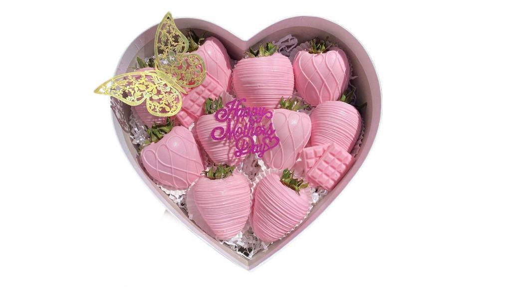 Classic Strawberry Heart Box · Box Comes with 12 beautiful Classic Drizzle Strawberries 3D Butterfly and Happy Mother’s Day sign.