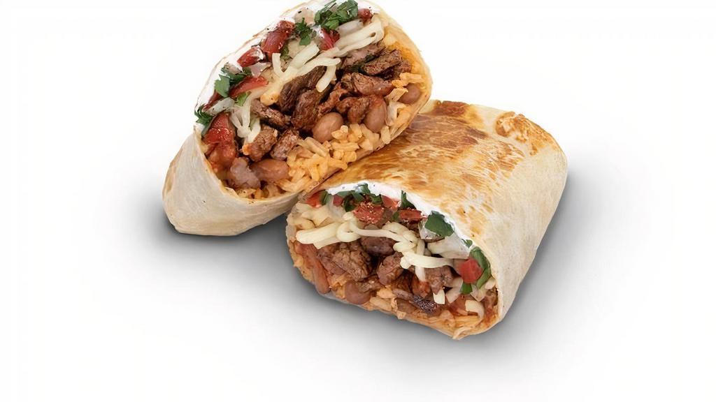 Steak Tahoe Burrito · Whole pinto beans, spanish rice, sour cream, cheese, red sauce and pico.