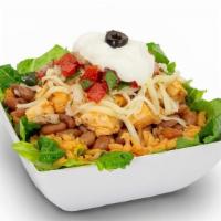 Burrito Bowl · Choice of ground beef, chicken, carnitas or steak on romaine lettuce, whole pinto beans, spa...