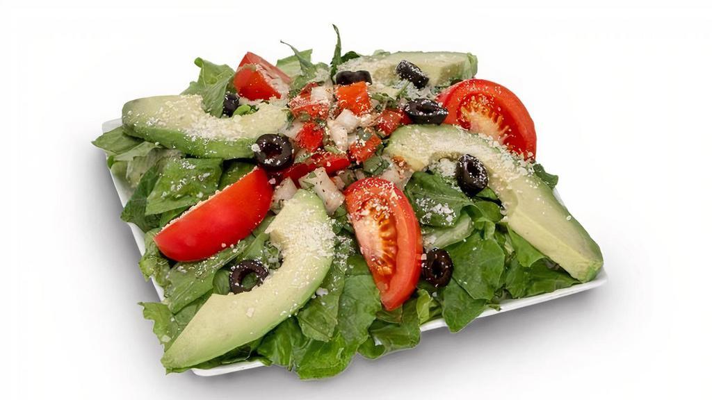 Ca Avocado Salad · Romaine & iceberg lettuce, diced tomatoes, avocado, olives, pico, topped with parmesan cheese and our house-made avocado dressing