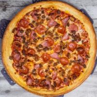 Meat Eaters Pizza G/P · Pepperoni, Canadian bacon, Italian sausage and beef.