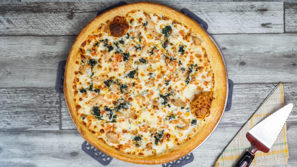 Chicken Alfredo Spinach Pizza G/P · Alfredo sauce, chicken, spinach, Roma tomatoes and extra cheese.