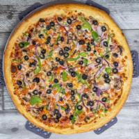 Vegetarian Pizza G/P · Vegetarian. Roma tomatoes, bell peppers, red onions, mushrooms, black or green olives.