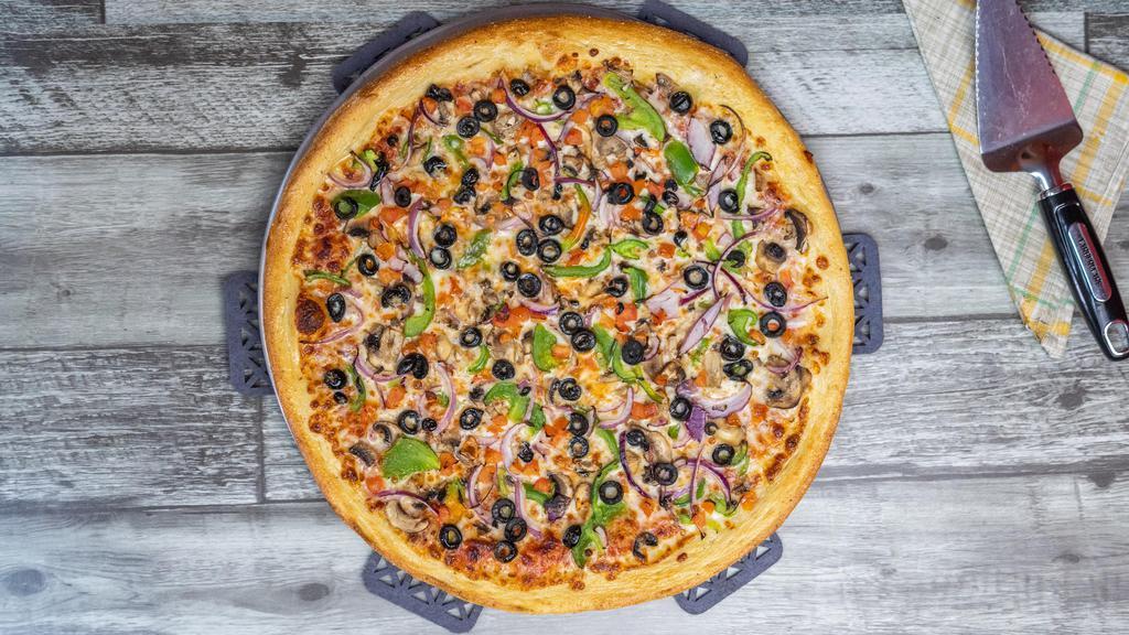 Vegetarian Pizza G/P · Vegetarian. Roma tomatoes, bell peppers, red onions, mushrooms, black or green olives.