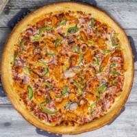 Buffalo Chicken Pizza G/P · Chicken mixed with buffalo sauce and topped with bell peppers, red onions and extra cheese.