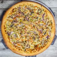 The Outfield G/P · Pesto sauce, garlic Parmesan chicken, mushrooms, red onions, Roma tomatoes.