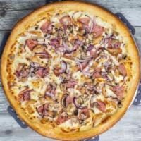 Chicken, Canadian Bacon, Ranch Pizza G/P · Ranch sauce, chicken, Canadian bacon, mushrooms and red onions.
