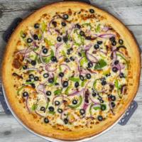 Greek Pizza G/P · Vegetarian. Olive oil, fresh garlic, bell peppers, sun-dried tomatoes, red onions, feta chee...