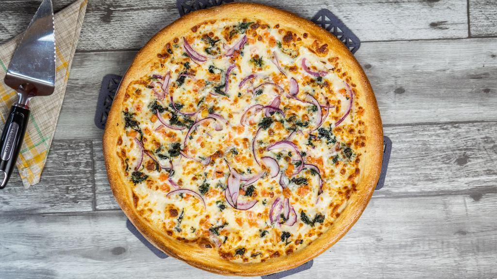 Spinach Pizza G/P · Vegetarian. Alfredo sauce, spinach, fresh garlic, red onions and Roma tomatoes.