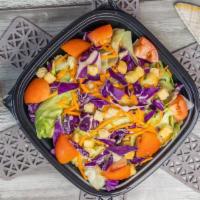 Fresh Salad · Small. Iceberg lettuce, carrots, red cabbage, Roma tomatoes, croutons and your choice of ran...