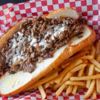 Philly Cheese Steak Sandwich · Ten ounces beef grilled onions and peppers, Swiss cheese mayonnaise.