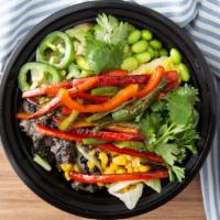 Vegetarian · Jalapeños, charred corn, soybeans, sauteed bell peppers, black beans, green onions, cucumber...