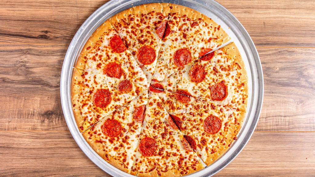 Pepperoni · Keep it Traditional with Our Classic Pepperoni Pizza! This savory pie is topped with 100% Whole Milk Mozzarella Cheese, Original Tomato Pizza Sauce, and Thinly Sliced Pepperoni.