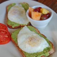 Avocado Toast · 2 slices of whole what toast each topped with avocado and a fried egg served with choice of ...