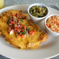 Queso Catfish · Tortilla crusted catfish topped with queso and pico de gallo, served with two sides.