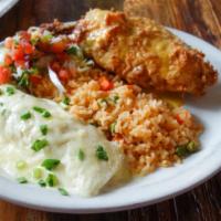 Mexican Platters With Any 2 Items · Served with Spanish rice and borracho beans.
Chile relleno stuffed with choice of chicken or...