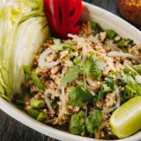Lao Chicken Salad (Larb Gai) · Ground chicken, red onions, cilantro, mint and lettuce with homemade lime dressing.