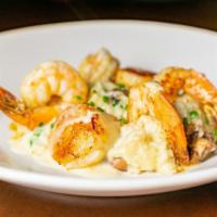Seared Shrimp & Jumbo Scallop · Saltwater recommends. Served with creamy butter risotto with sweet peas, shallots and mushro...