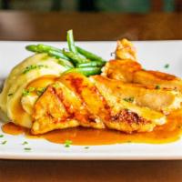 Chicken Breast Marsala · Served with mashed potatoes and green beans, topped with Marsala sauce