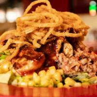 Southwest Chicken Salad · BBQ grilled chicken, bacon, cheese, corn, black beans, tomato, avocado slices with crispy fr...