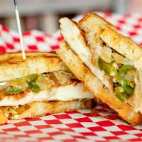Santa Fe Chicken Sand · Breast with special caramelized onions and jalapenos, jack cheese, mayo on tasty empire bake...