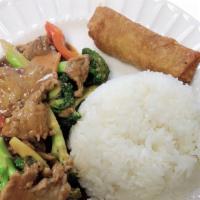 Beef And Broccoli · Served with Steamed Rice, Egg Roll and stir fried broccoli and beef with house made garlic s...