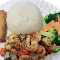 Kung Pao Shrimp · Served with Steamed Rice, Egg Roll, Stir fried Shrimp, zucchini, bell pepper with our house ...