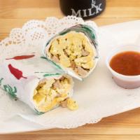 Sausage, Egg & Cheese Burrito · Homemade Burritos filled with Sausage, Scrambled eggs and Cheddar cheese.