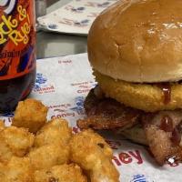 Texas Burger · 100% ground beef patty, topped with cheese, bacon, onion rings, and our special barbeque sau...