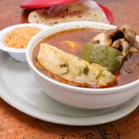 Caldo De Res/Beef Soup · Served with rice, tortillas and lime on the side.