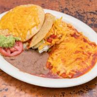 Platillo Mexicano / Mexican Plate · Dos enchiladas de queso, un crispy taco de picadillo, una tostada de queso amarillo, servido...