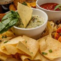 Mammas Sampler Platter · Breaded ravioli, cheese sticks, calamari, jalapeno peppers and spinach dip with chips