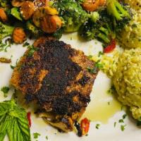 Grilled Salmon · Grilled Salmon filet with grilled vegetables and crab risotto ,comes with garlic bread and y...