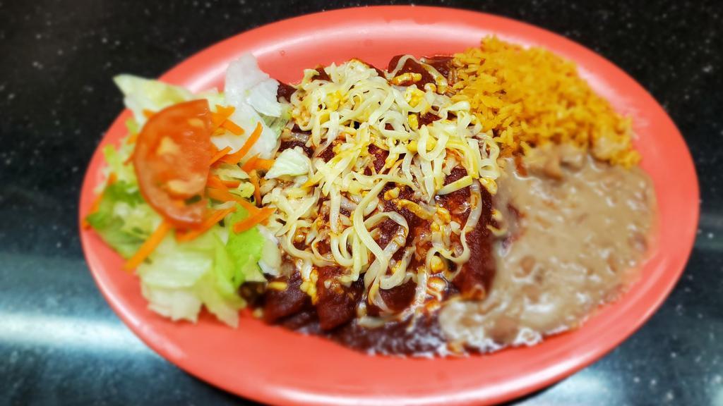 Enchiladas De Queso / Cheese Enchiladas · Incluye arroz y frijoles. / Includes rice and beans.