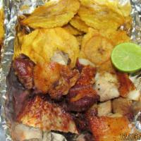 Tostones Con Carne · Fried plantain with your choice of fried smoked sausage, pork, chicken or combination.