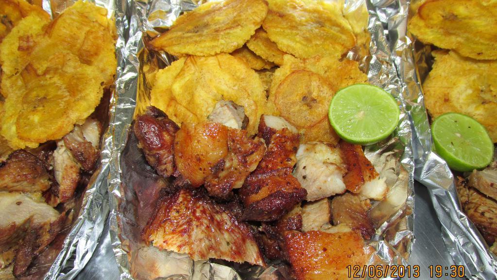 Tostones Con Carne · Fried plantain with your choice of fried smoked sausage, pork, chicken or combination.