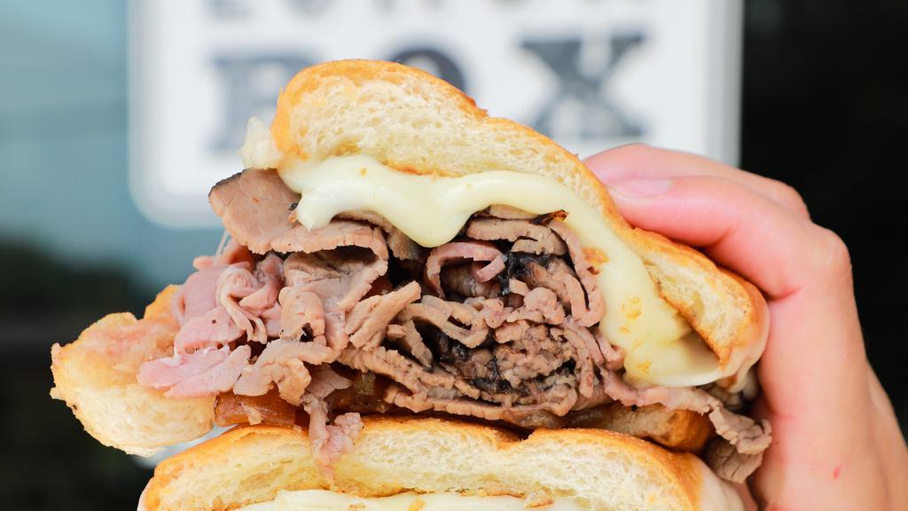 Our Finest Dip {French Dip} · The French dip. warm, angus roast beef. melted Provolone, caramelized onions and au jus for dipping. hoagie.